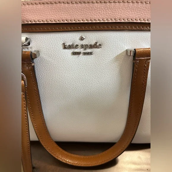 Small Kate Spade White and Pink Satchel with Brown Accents. - Picture 15 of 15
